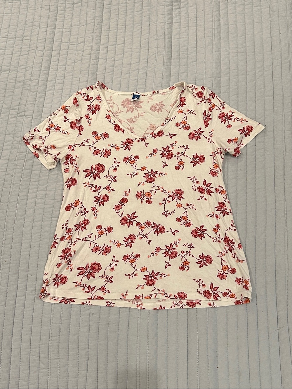 Old Navy Cream V-Neck Tee with Red Floral Print